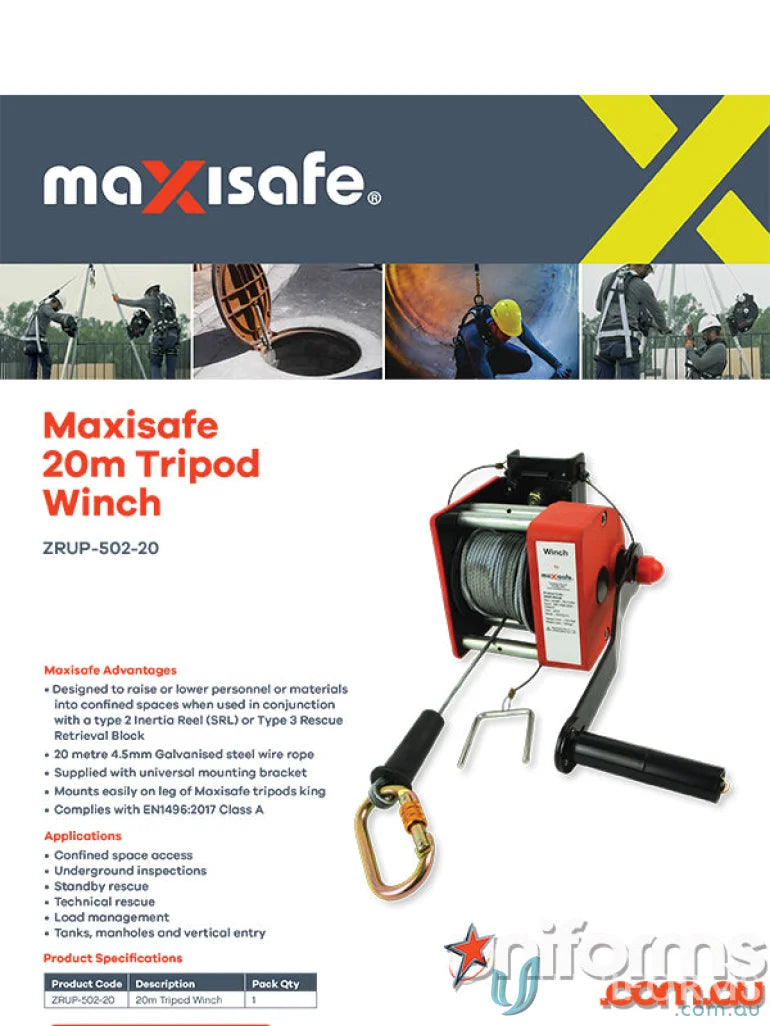 Red tripod winch with pulley and mounting bracket for workwear setups