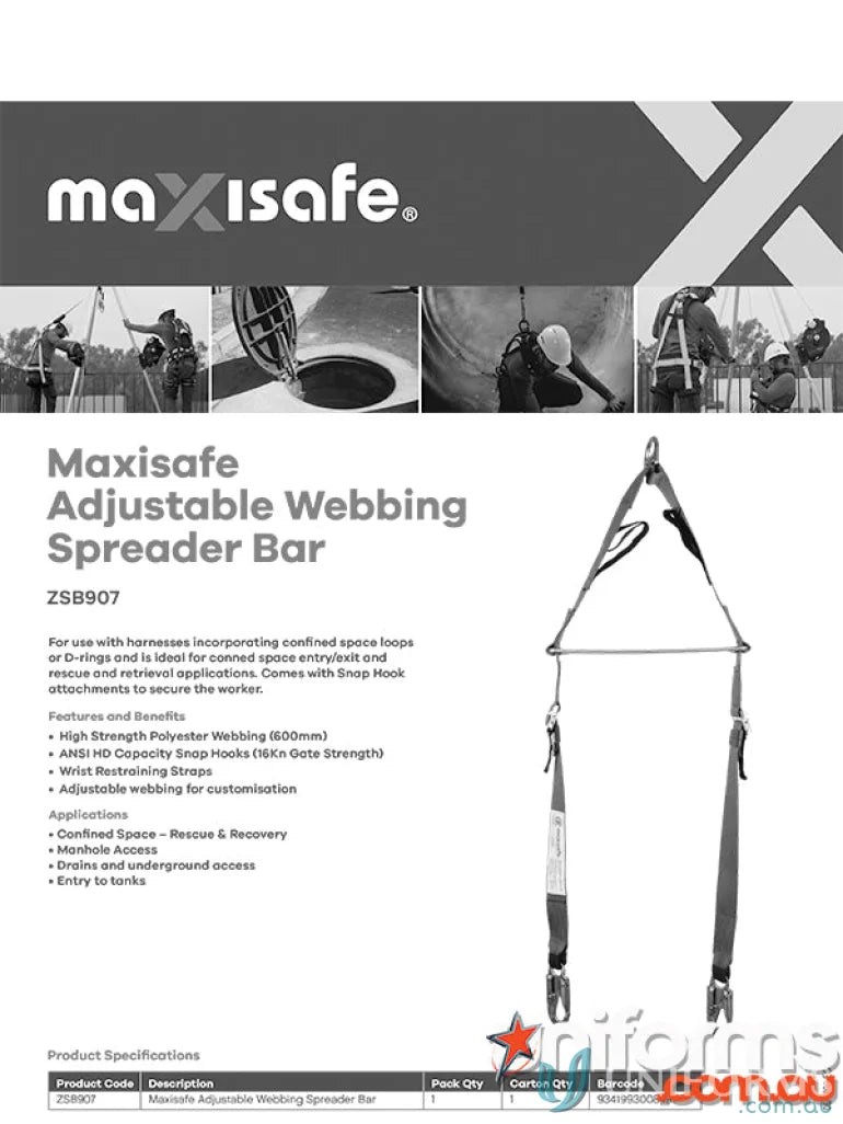 Maxisafe Adjustable Webbing Spreader Bar for Confined Space Safety and Uniforms