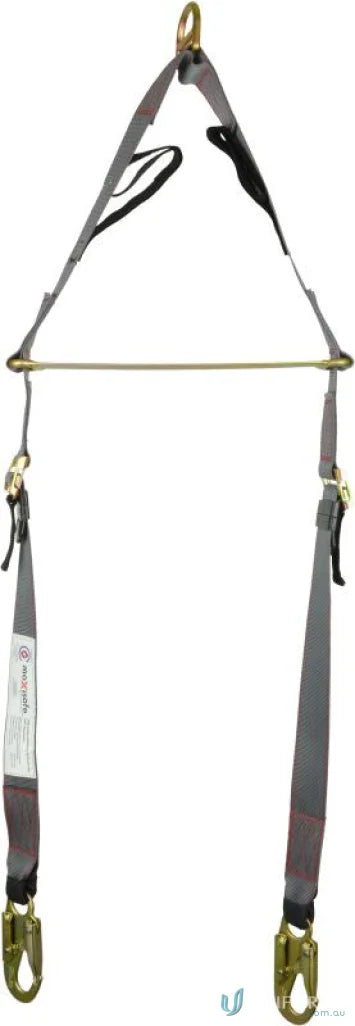 Gray safety harness with metal hardware for confined space and adjustable webbing work uniforms