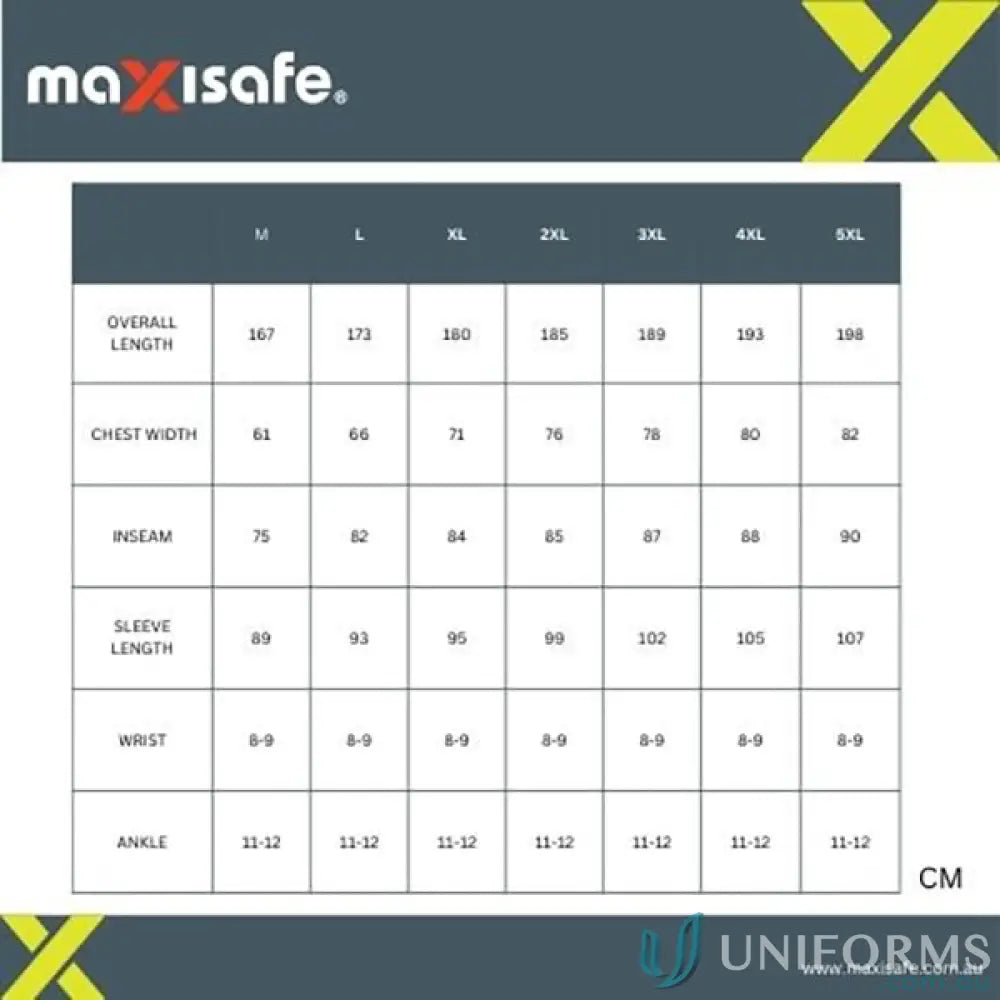 Clothing size chart for Maxisafe Bioguard Type 3/4/5/6 Coverall product