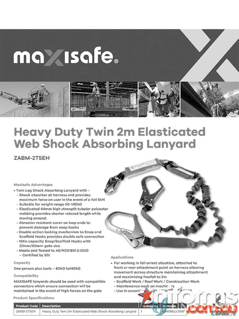 Heavy-duty twin elasticated web shock-absorbing lanyard with scaffold hooks for workwear