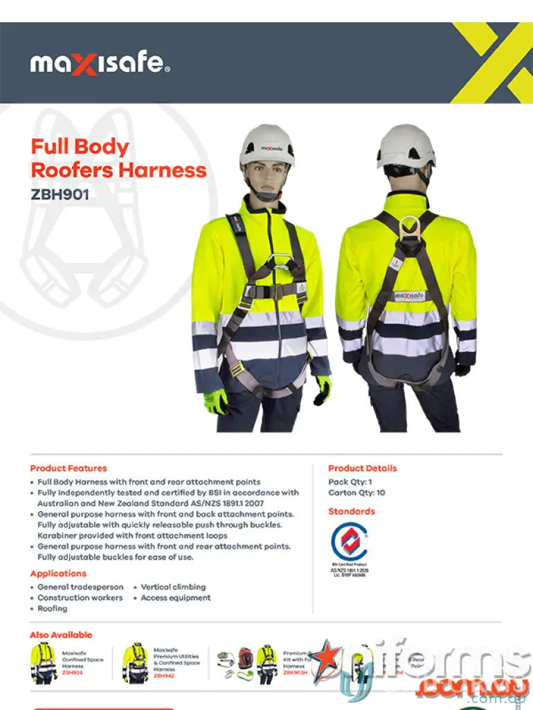 Maxisafe Full Body Roofers Harness with rear attachment points and fully adjustable fit