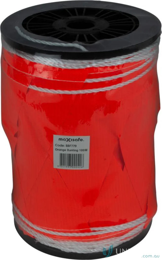 Orange and white barrier rope spool for work uniforms and safety gear