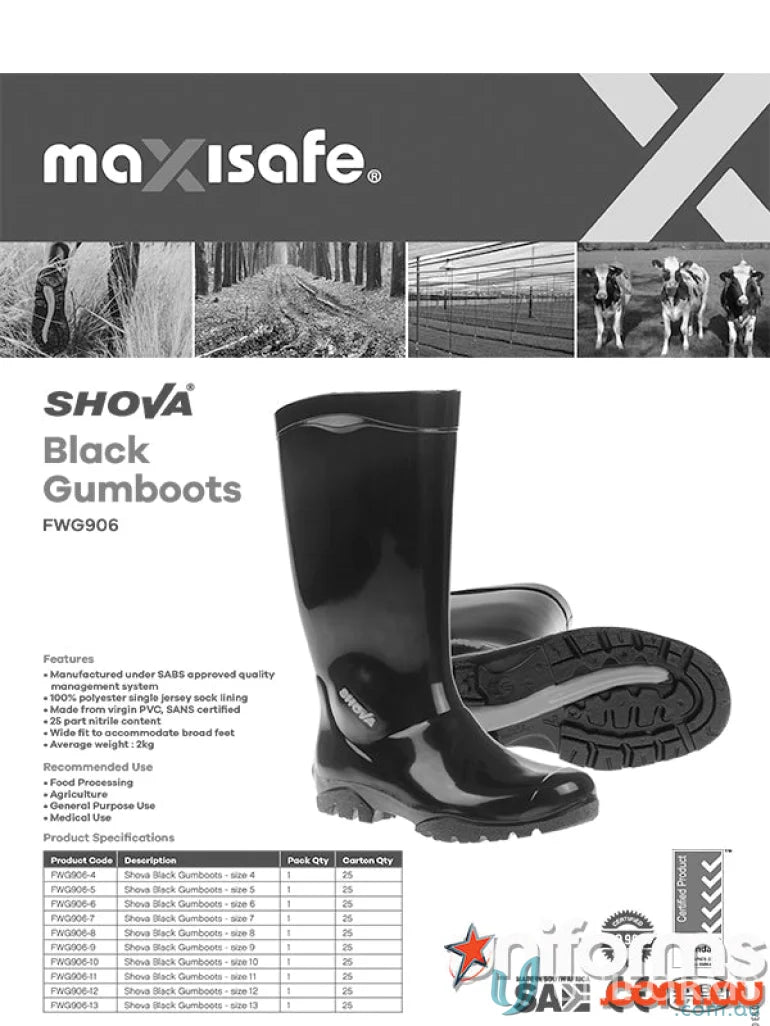 Black rubber gumboots from Maxisafe Shova non-safety workwear for uniforms