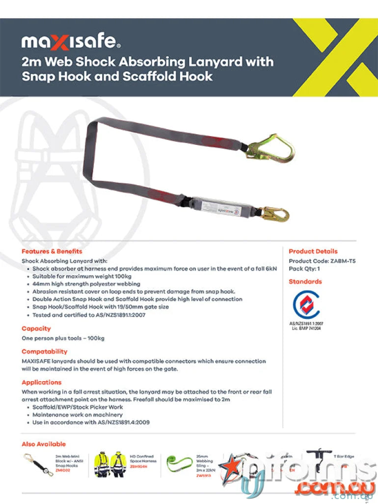 Maxisafe Single Webbing Lanyard with 2m web shock absorber for workwear and uniforms