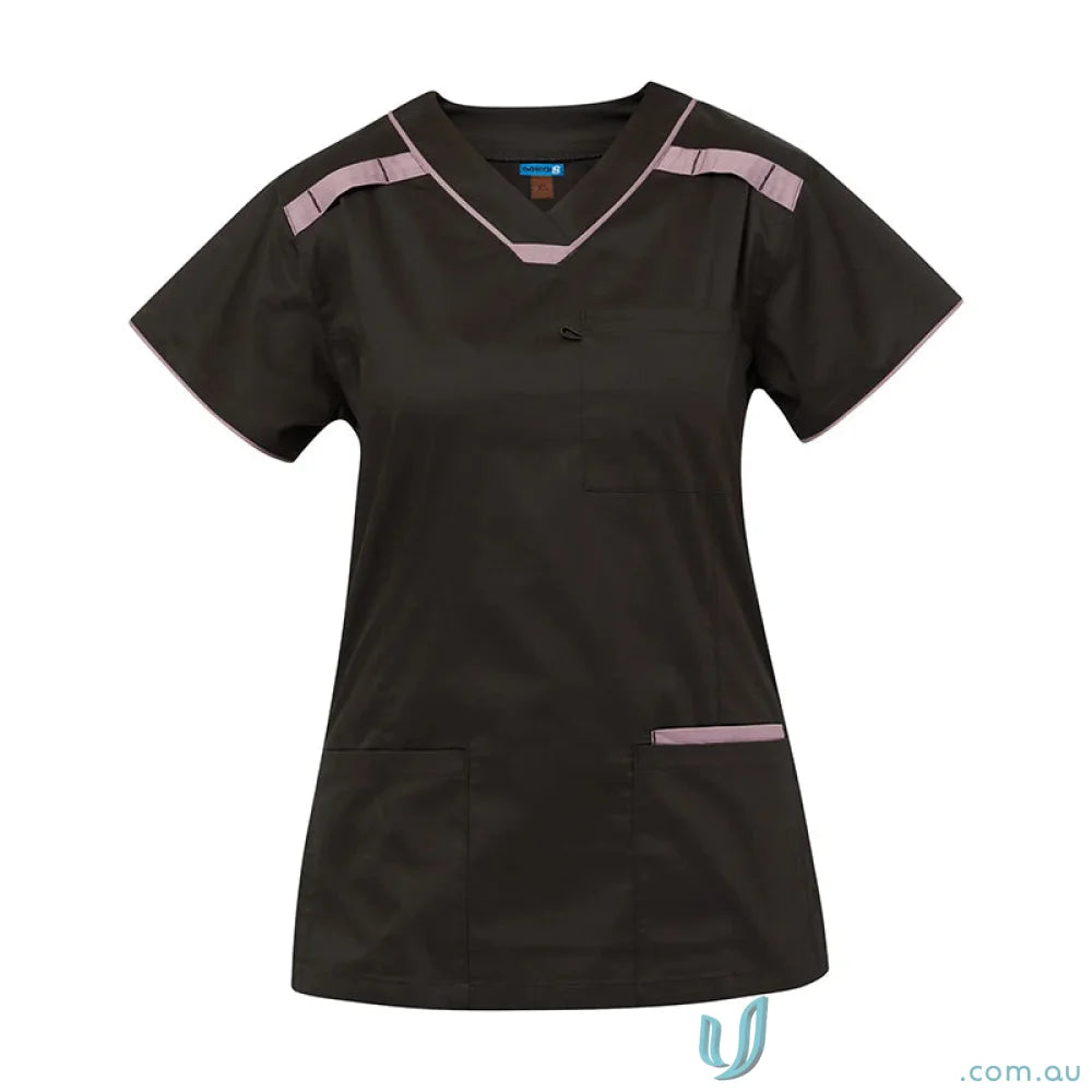 Medi8 Ladies Scrub Top with pink trim and herringbone tape dividers for ladies stretch scrub style