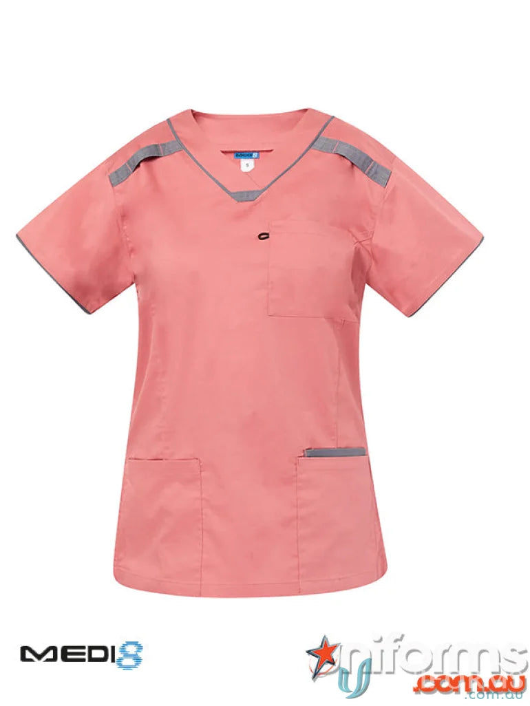 Salmon-colored Medi8 Ladies Stretch Scrub Top with Herringbone Tape Dividers