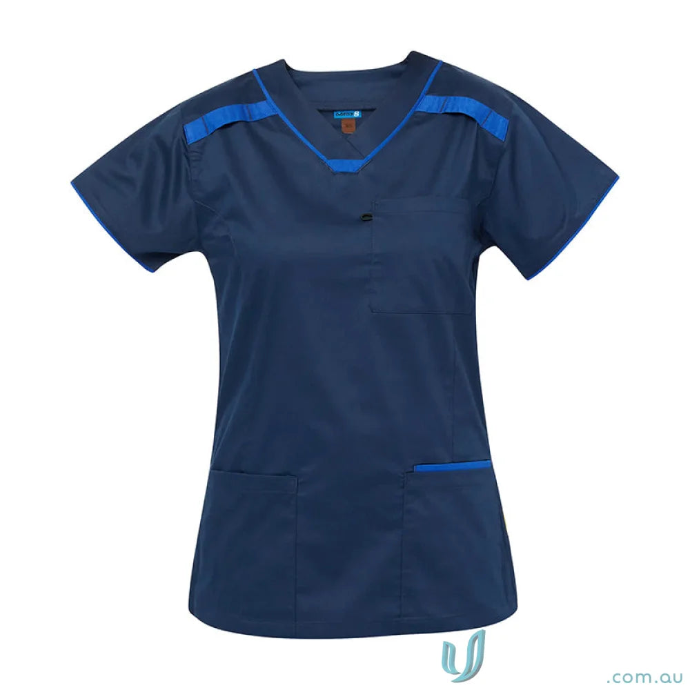 Navy blue medi8 ladies scrub top with herringbone tape dividers for ladies stretch comfort