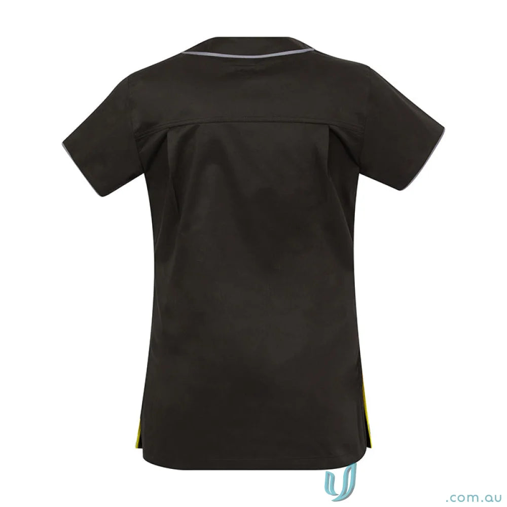 Medi8 Ladies Black Short-Sleeved Scrub Top with Herringbone Tape Dividers