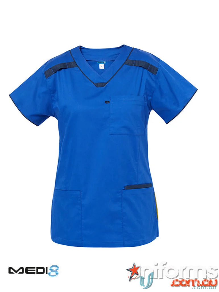 Blue medi8 ladies stretch scrub top with herringbone tape dividers for a stylish look