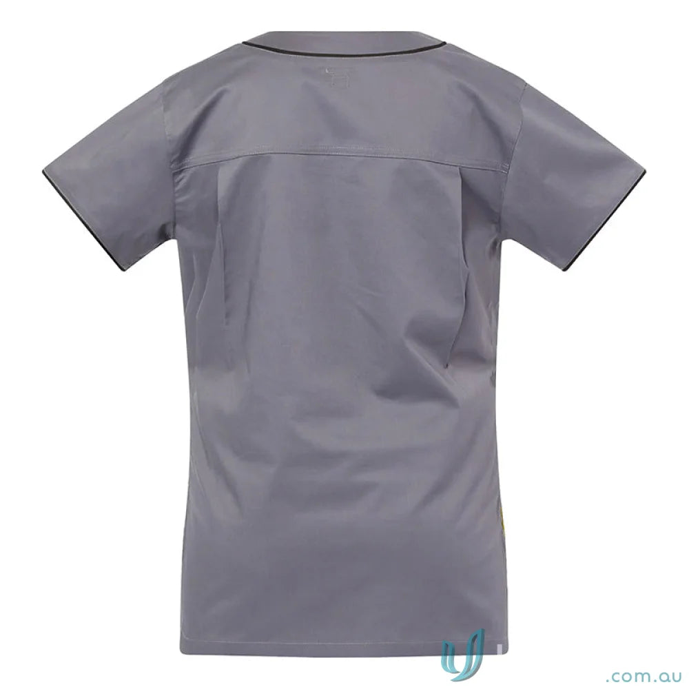 Gray short-sleeved Medi8 Ladies Scrub Top with herringbone tape dividers for ladies stretch scrub