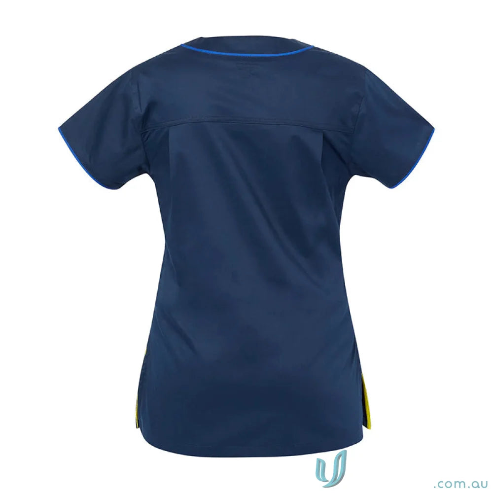 Medi8 Ladies Navy Blue Scrub Top with Blue Trim and Herringbone Tape Dividers
