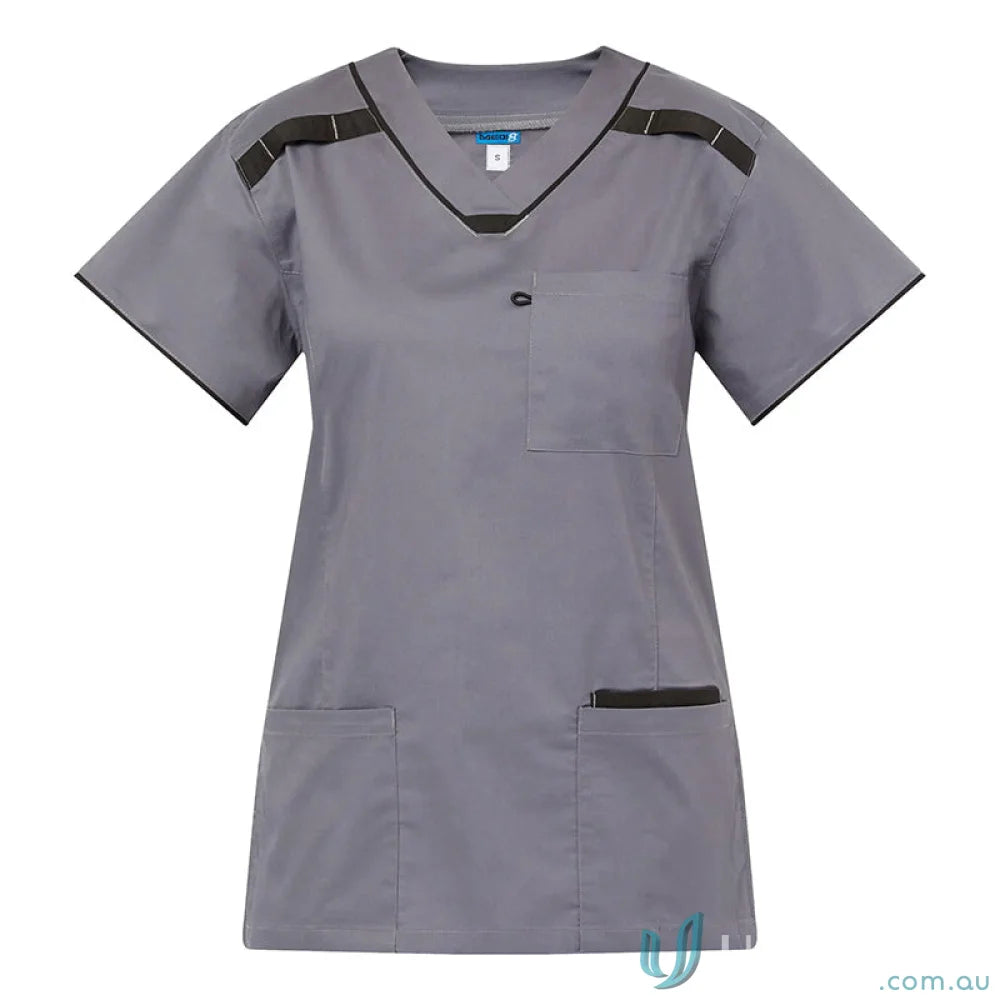 Medi8 Ladies Scrub Top with gray color, black trim, and herringbone tape dividers