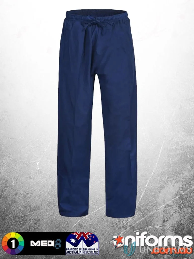 Navy blue Medi8 reversible scrub pants with reinforced stress points, unisex reversible style
