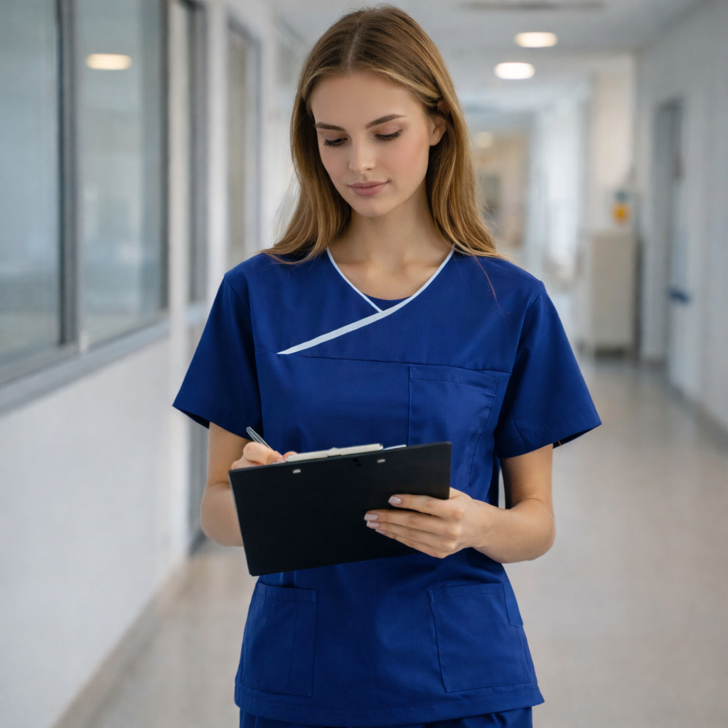 Medi8 unisex reversible scrub top in blue with white trim and front pockets for convenient storage