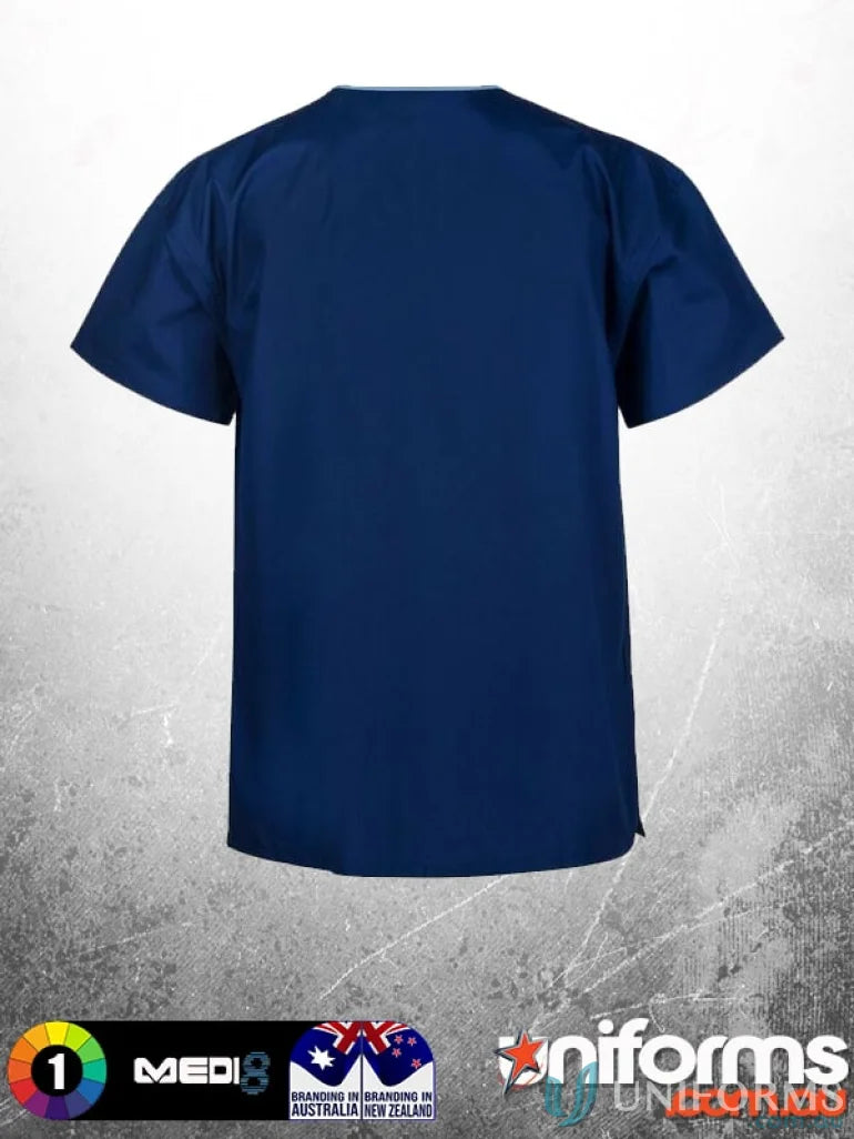 Navy blue Medi8 Unisex Reversible Scrub Top with convenient storage options