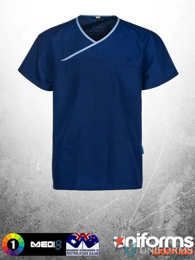 Navy blue medi8 unisex reversible scrub top with convenient storage for healthcare workers