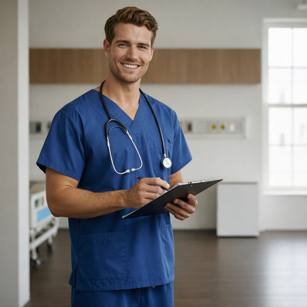 Medi8 unisex scrub top with stethoscope and clipboard, stay comfortable