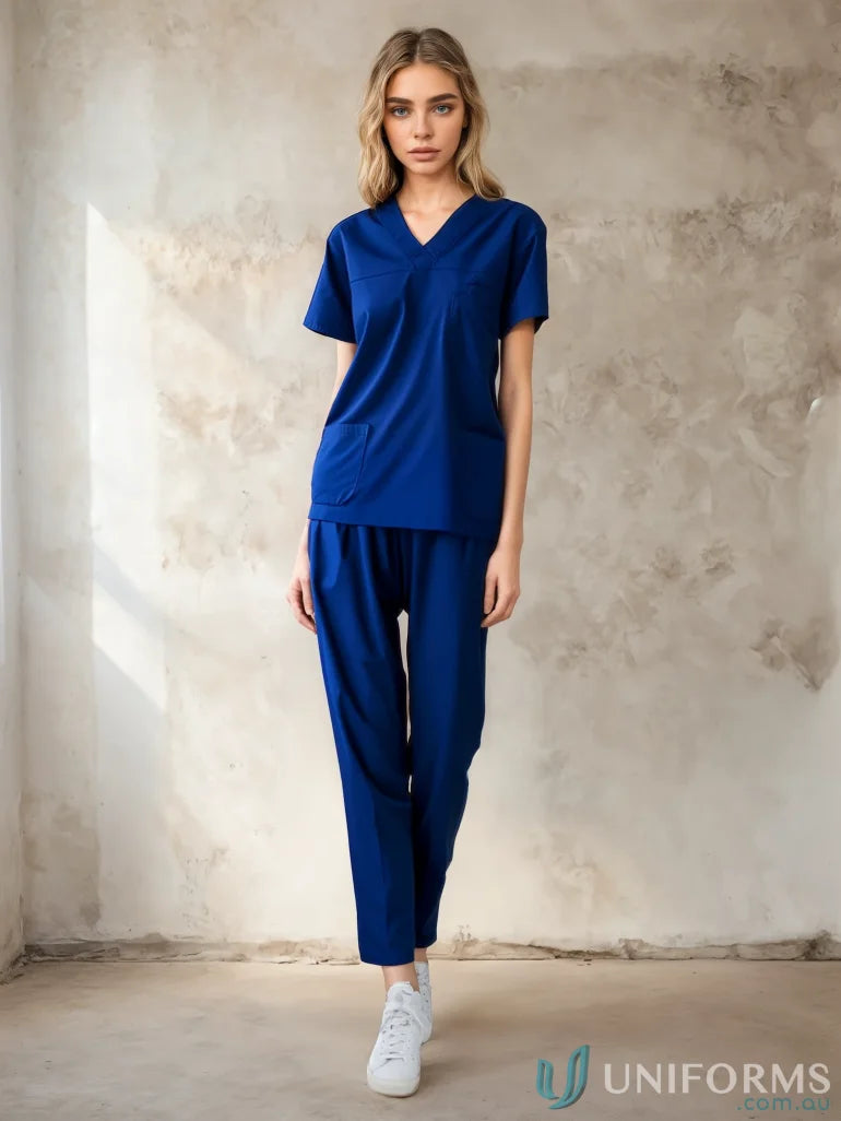 Blue medi8 unisex scrub top with white sneakers, stay comfortable during stress points