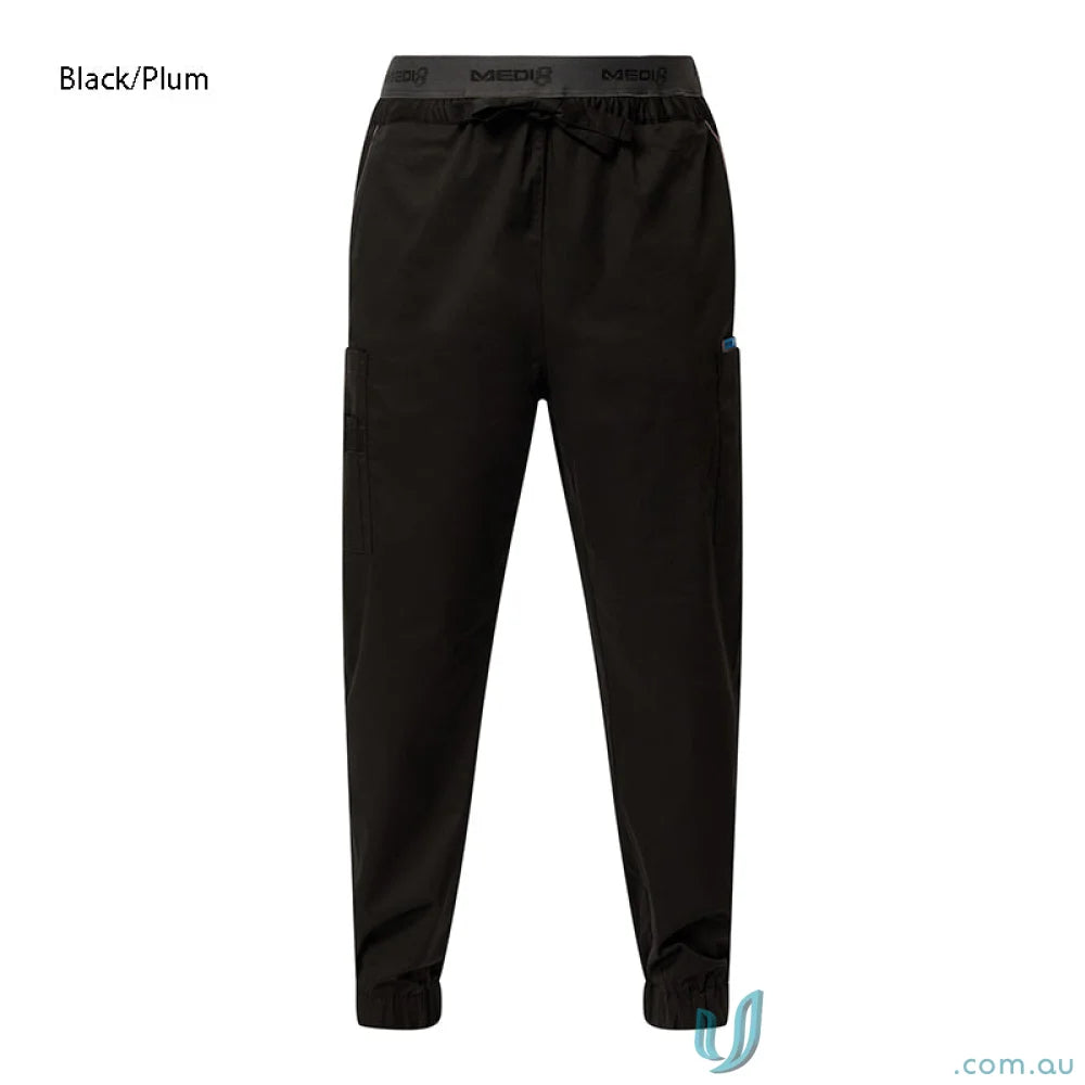 Black medi8 unisex stretch jogger pants with concealed elastic hem for comfy fit