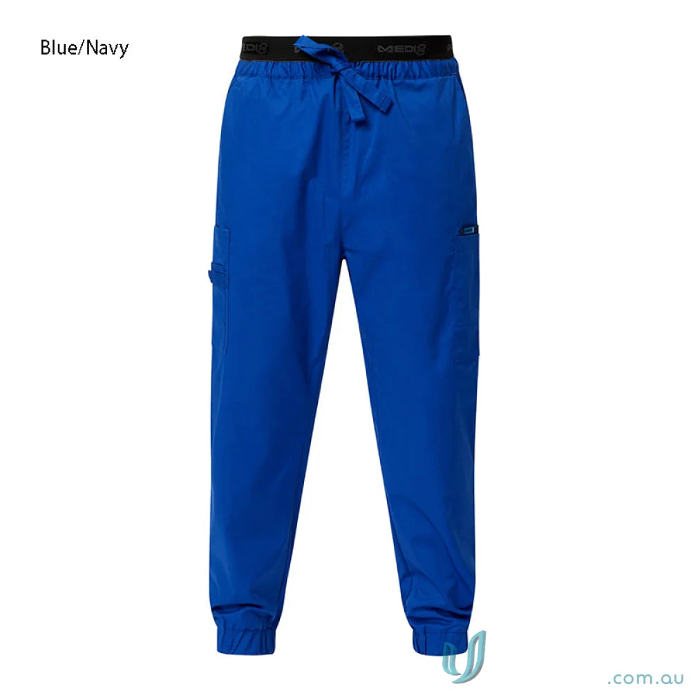 Blue medi8 unisex stretch jogger pants with concealed elastic hem and comfy fit