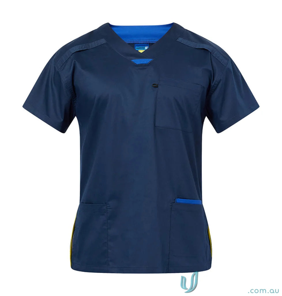 Navy blue Medi8 Unisex Stretch Scrub Top with women’s stretch fabric for healthcare pros