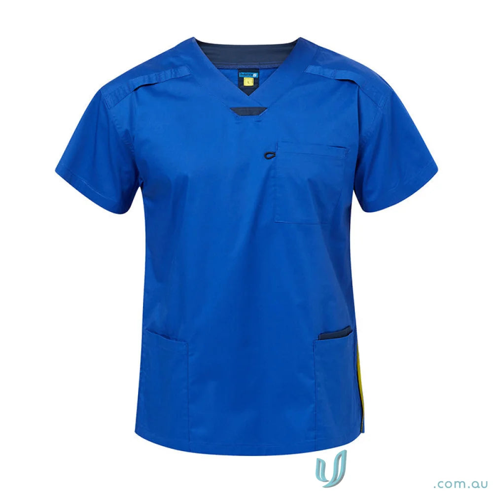 Blue women’s stretch Medi8 Unisex Scrub Top with herringbone tape dividers for healthcare pros