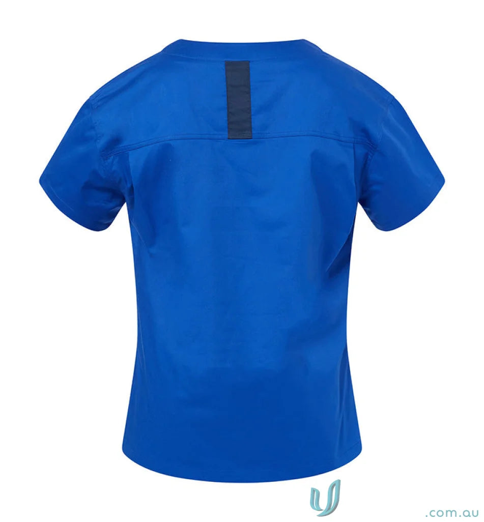 Blue Medi8 Unisex Stretch Scrub Top for healthcare pros with herringbone tape dividers