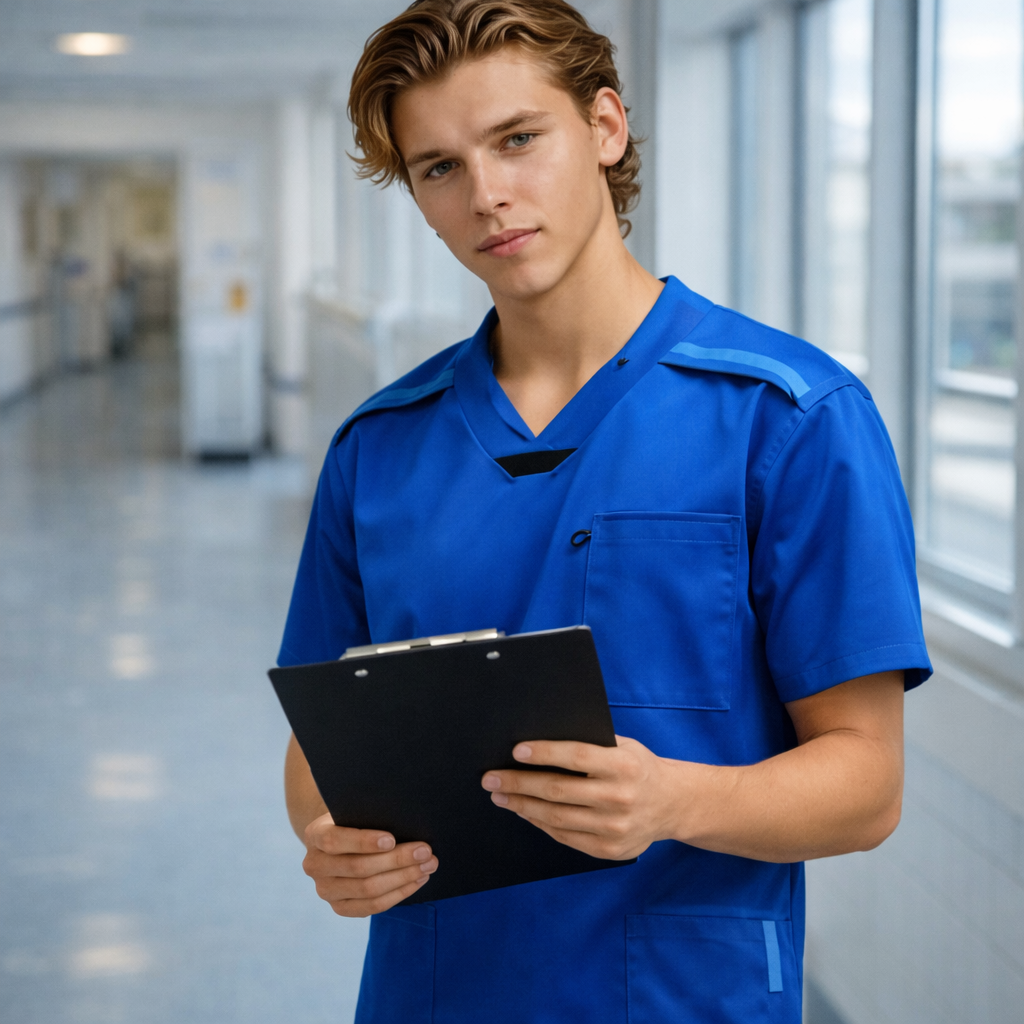 Medi8 Unisex Stretch Scrub Top in womens stretch blue with light blue shoulder accents