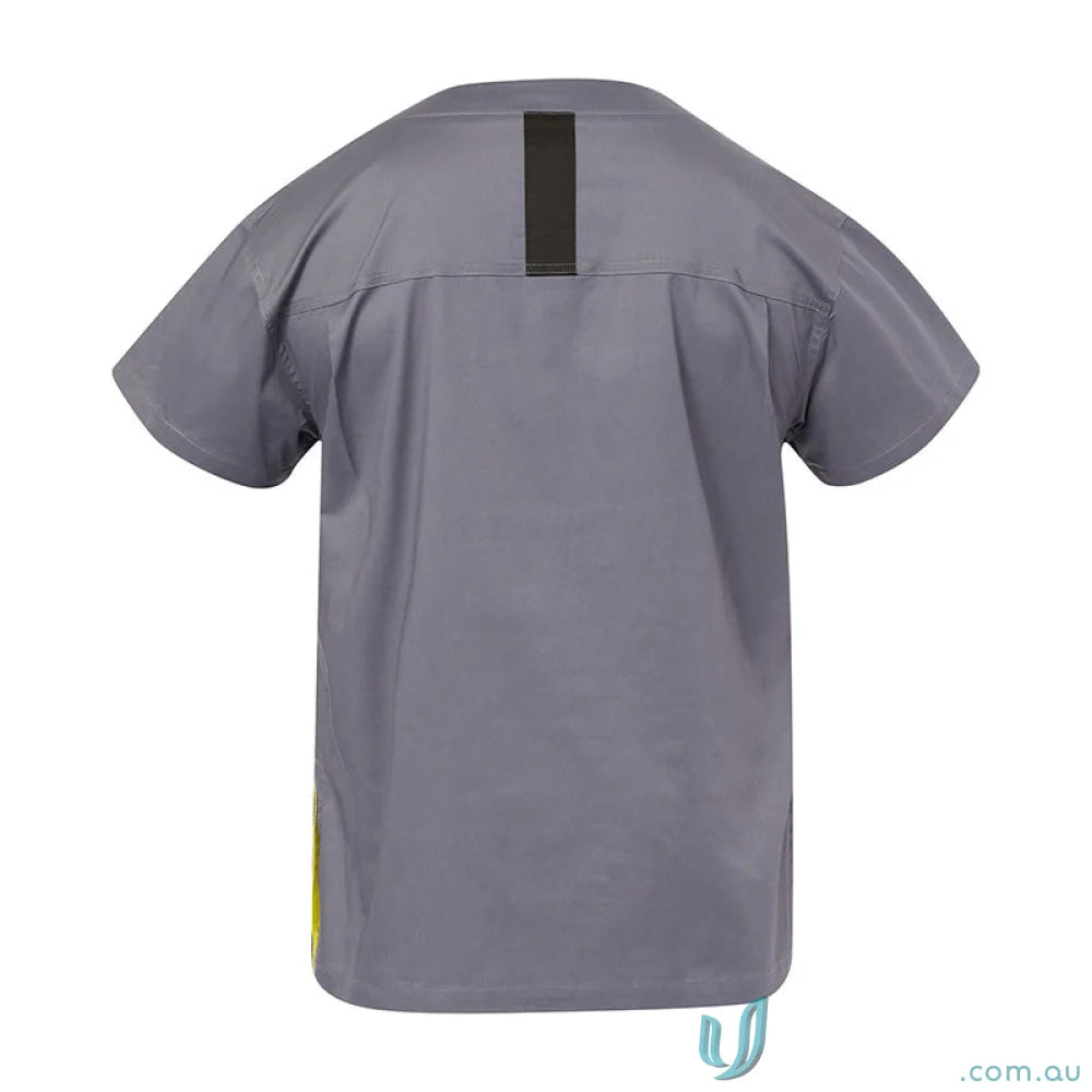 Gray short-sleeved healthcare professional’s scrub top with black stripe and women’s stretch fit