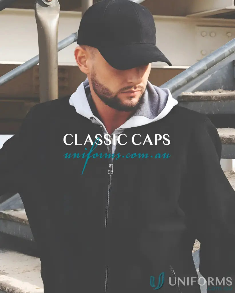 Man wearing black hoodie and Melton Wool Cap with high stock inch imprint and wide centimeter imprint