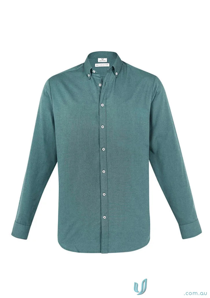 Green Memphis LS Shirt with modern button-down collar and pre-shrunk oxford weave