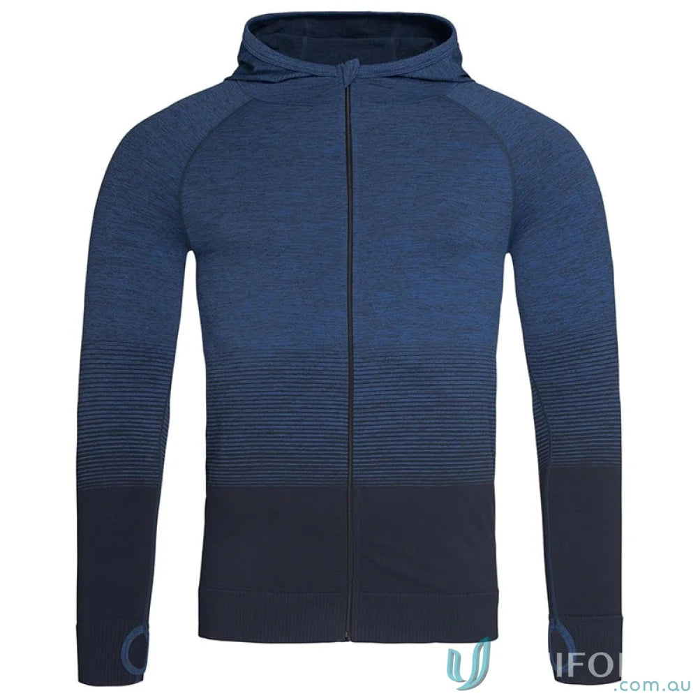 Mens active seamless jacket with a blue navy gradient pattern and scuba hood