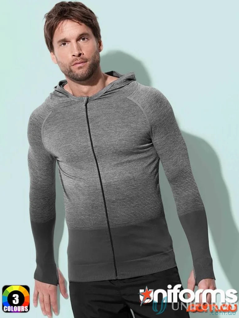 Mens active seamless jacket with multi-colour gradient pattern and scuba hood