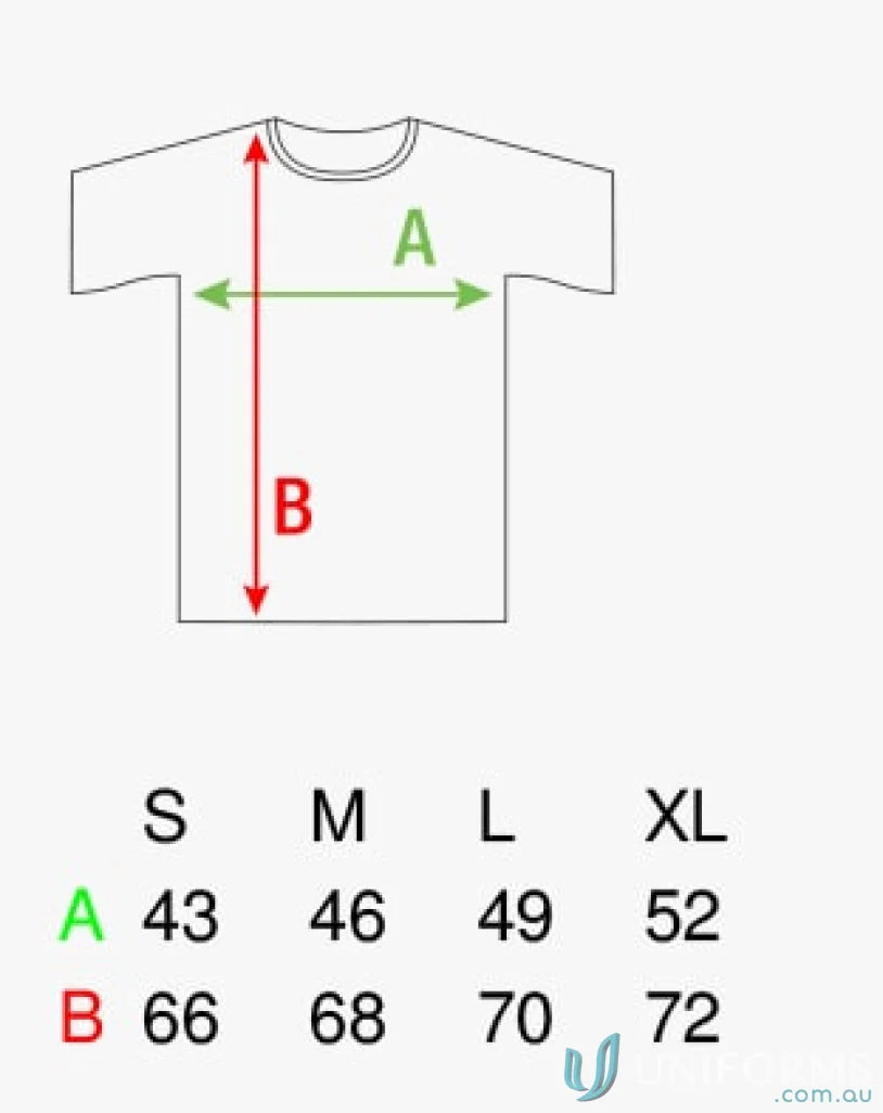 T-shirt size chart showing width and length for Mens Active Seamless Jacket with scuba hood