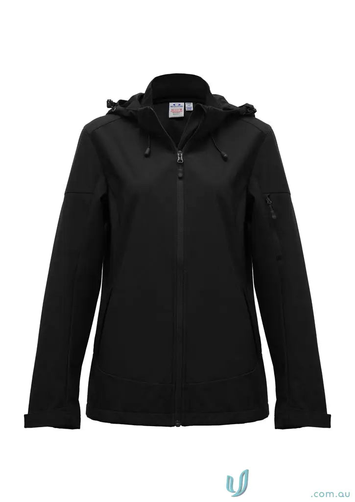 Black womens hooded softshell jacket with front zipper and side pockets for Mens Atlas Jacket outdoor guides