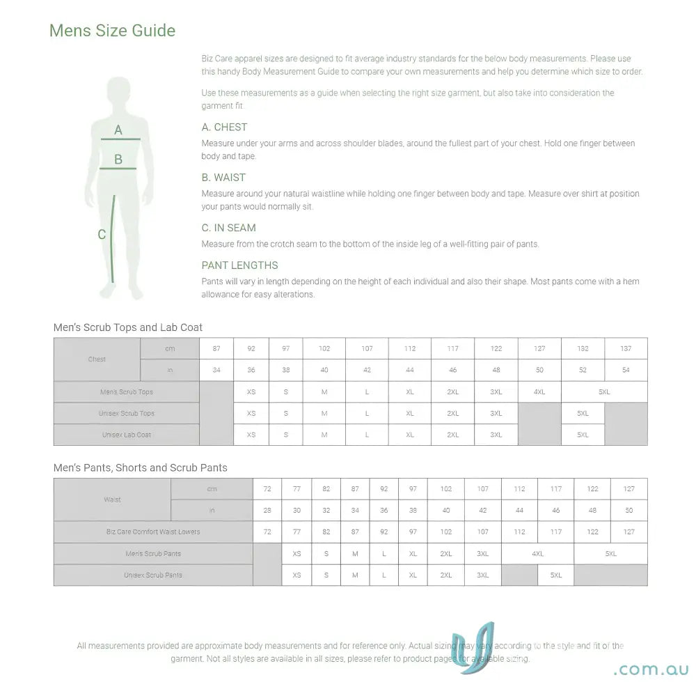 Men’s size guide chart for Avery V-Neck Scrub Top CST945MS from Biz Care Men’s