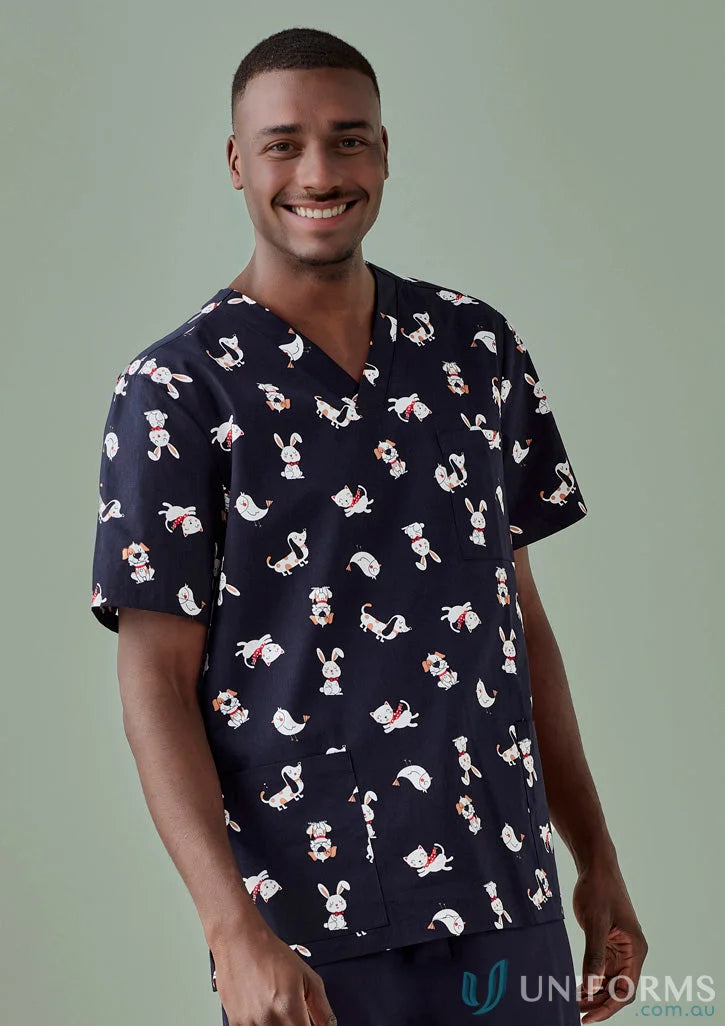 Patterned navy men’s scrub top perfect for early childhood educators and allied health professionals