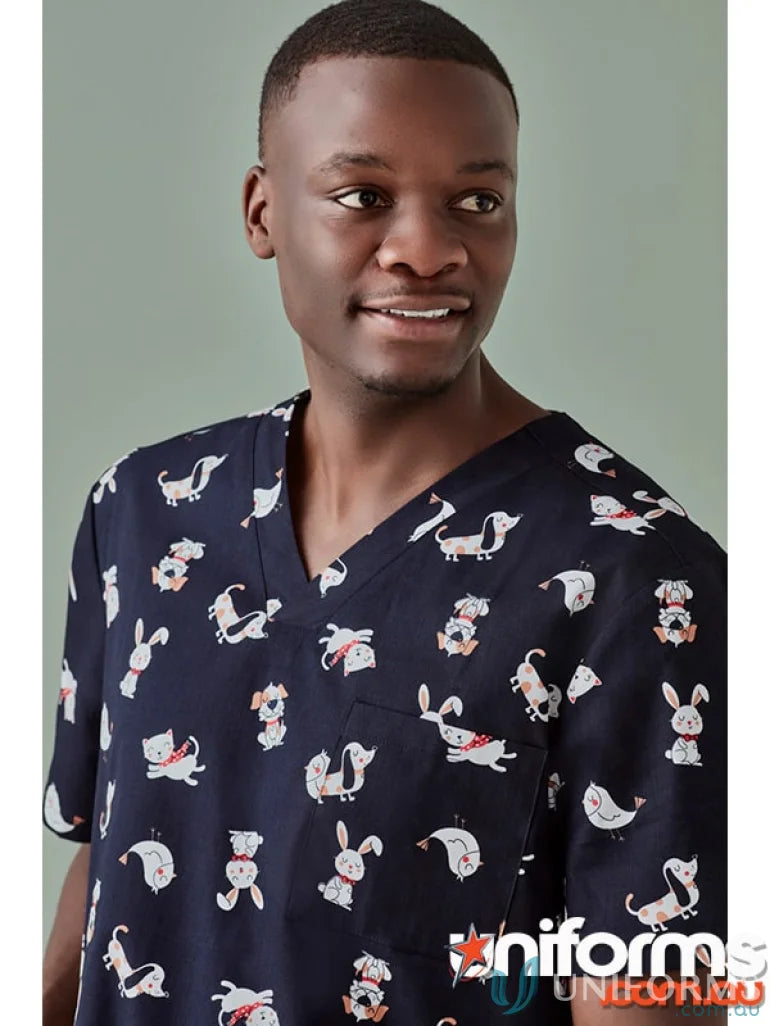 Mens Best Friends Scrub Top with animal print, perfect for early childhood educators or allied health pros