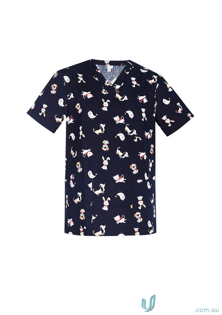 Navy blue men’s scrub top with dog print, ideal for early childhood educators and allied health pros