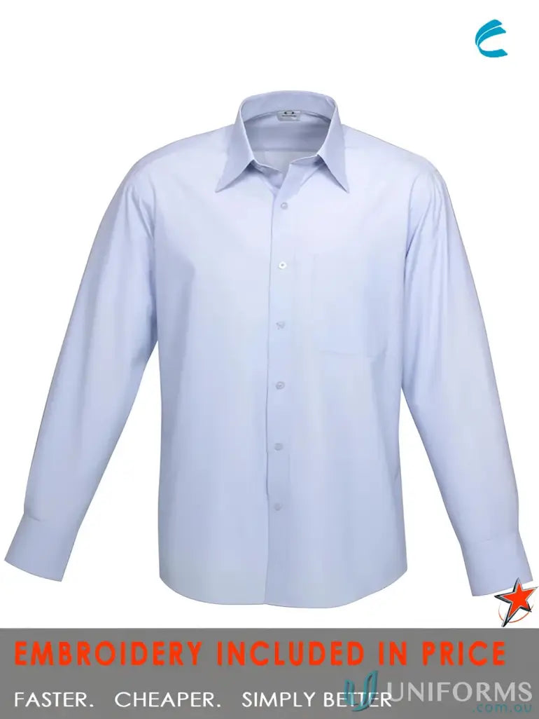 Light blue long-sleeved dress shirt ideal for work uniforms and workwear Mens C-EMB