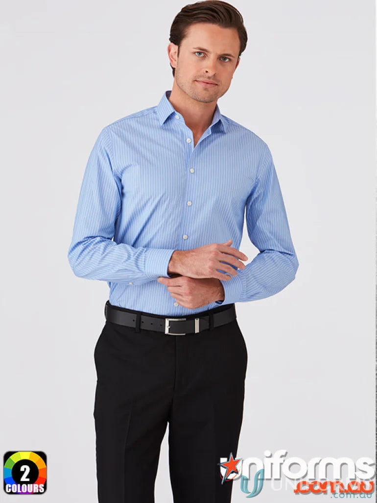 Light blue striped men’s dress shirt with a comfortable fit and sleek stripe design