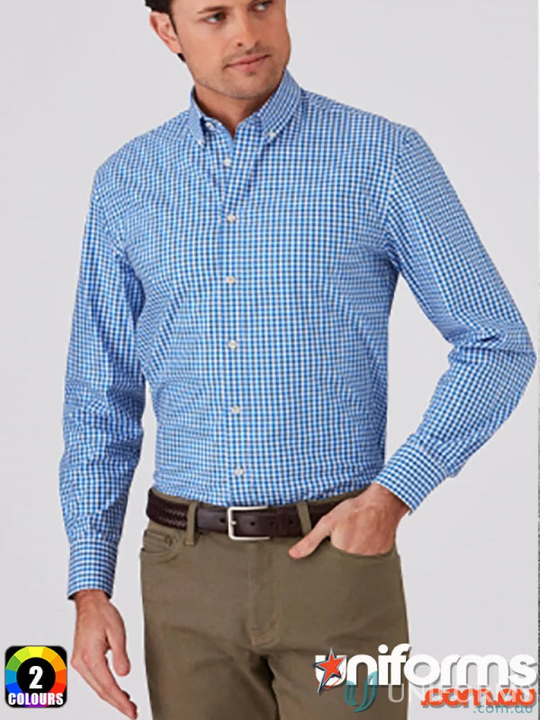 Men’s blue and white gingham long-sleeve shirt with button-down collar, perfect for workwear