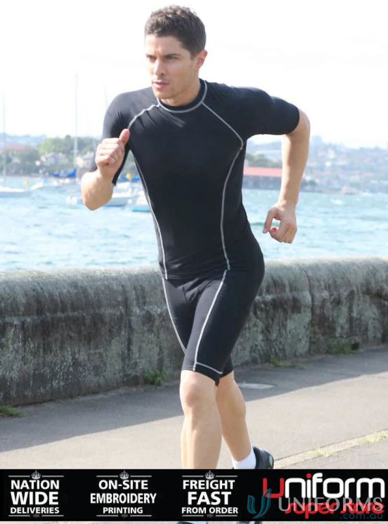 Black athletic compression suit Mens Compression S/S Top perfect for short sleeve sports uniforms and workwear