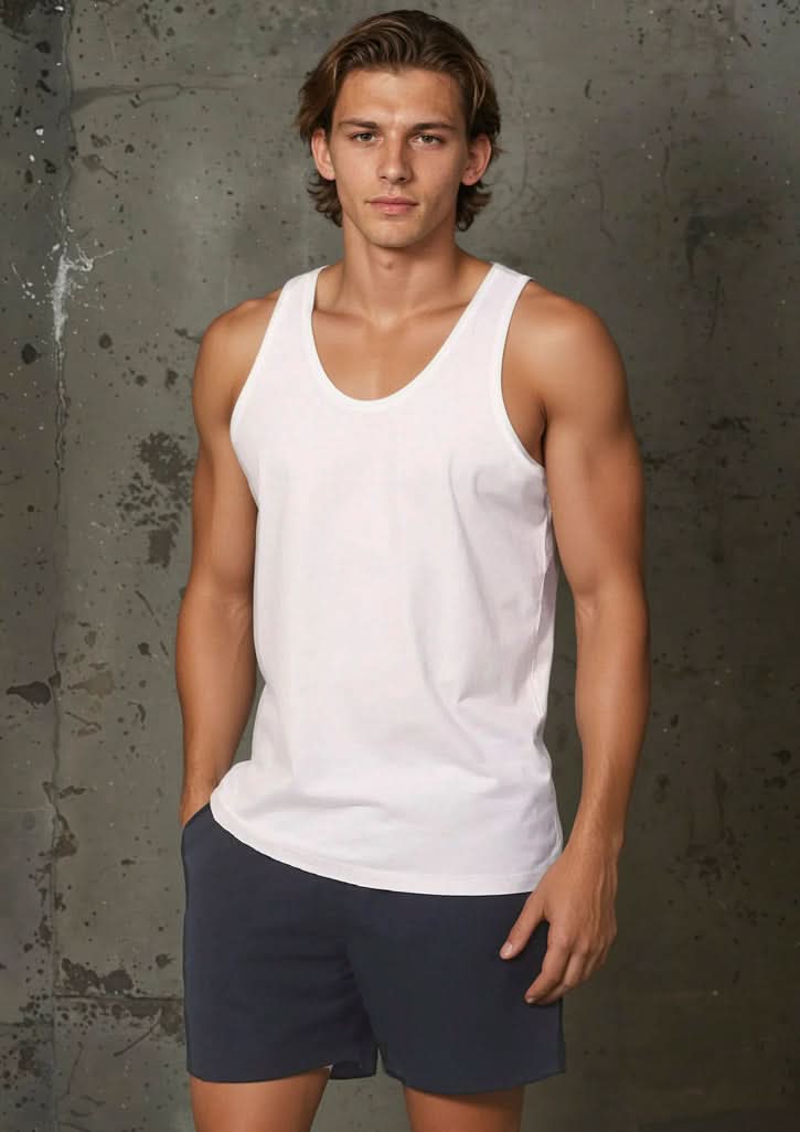 Man in white cotton jersey premium cotton singlet, perfect for winning spirit mens style