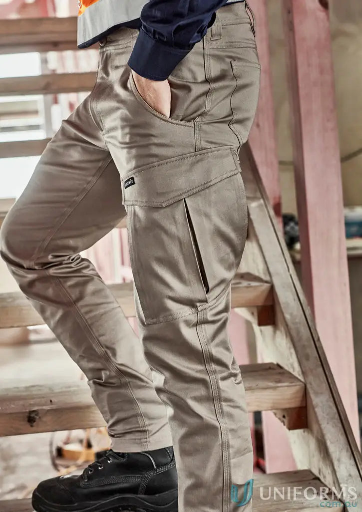 Men’s beige stretch cargo pants with pockets and reinforced knees from Mens Essential Basic Stretch