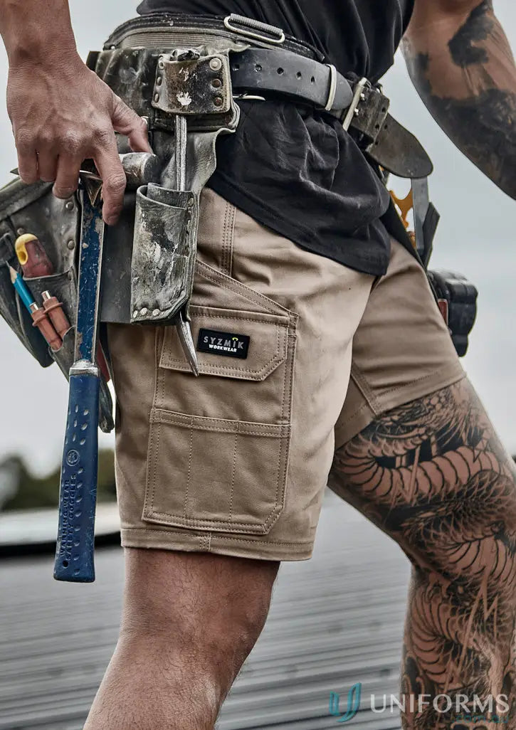 Tan Mens Essential Stretch Cargo Shorts with roomy cargo pockets for ultimate men’s stretch comfort