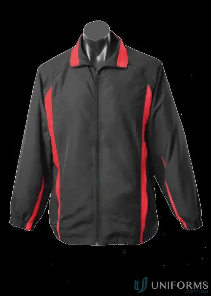 Mens Eureka Track Jacket in black and red, perfect for uniforms and workwear style