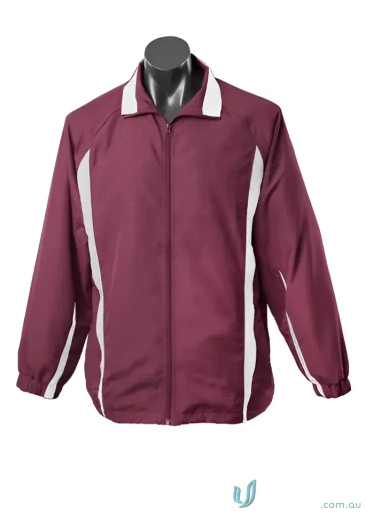 Mens Eureka track jacket in maroon and white, ideal for uniforms or workwear