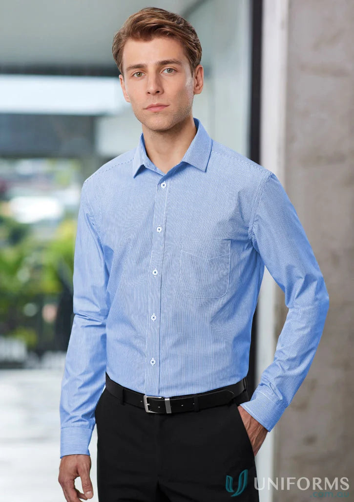 Man in blue striped Euro Long Sleeve Shirt, perfect for men’s euro long style